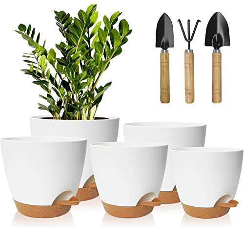 Macetas para Flores Juego de 5, 17.8/16.5/15.2/13.9/12.7cm macetas de Auto-riego, Maceteros Decorativos Interior con Agujeros de Drenaje, Macetas De con Forma De Flor para Interior para DecoracióN