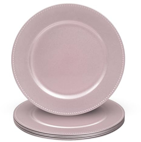 MAONAME 33 cm rosa Platzteller, Kunststoff-Ladeteller mit Perlen, runde Ladegeräte für Speiseteller, Tellerladegeräte für Hochzeit, Tischdekoration, 6 Stück
