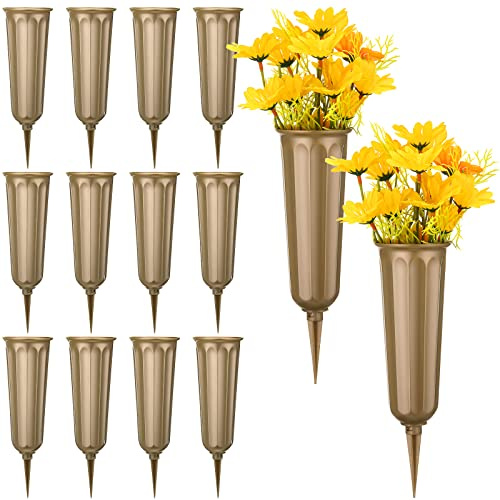 12 Pcs Cemetery Vases with Spikes Plastic Memorial Floral Grave Flower Holder Cone In Ground Vases with Stakes for Lawn Headstone Graveside Decoration Artificial Fresh Flowers(Bronze)
