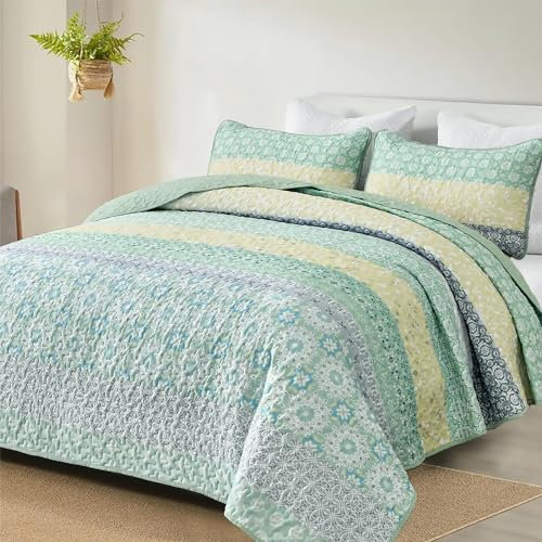 WONGS BEDDING Boho-Bettwäsche-Set für Queen-Size-Betten, Salbeigrün, gestreift, Patchwork-Tagesdecken-Set mit 2 Kissenbezügen, leichte Mikrofaser, Blumenmuster, 248 x 228 cm