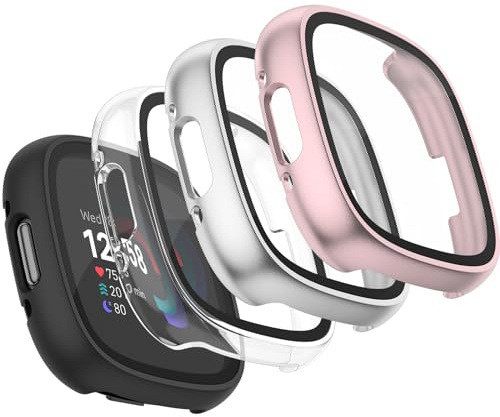 Vancle für Fitbit Versa 4 Hülle,4Stück Vollständige Abdeckung Schutzfolie Hard PC Schutz Displayschutz Folie Gehäuse für Fitbit Sense 2(Schwarz/Transparent/Silber/Roségold)