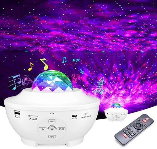 COOZi Galaxy Projector in White - Ocean Wave Star Projector with Timer and Remote Control Light, 10 LED Projection, Galaxy Light for Bedroom with Bluetooth Speaker