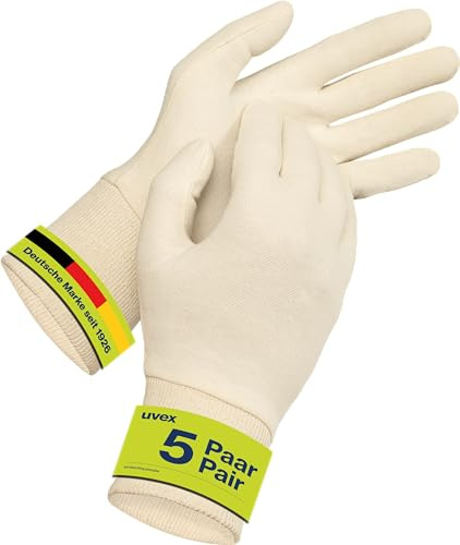 Uvex Baumwollhandschuh, 5 Paar - Kosmetik- & Montagehandschuh mit Elastan (Unterzieher, Münzhandschuh) - atmungsaktiv, elastisch & feinfühlig - natur - Größe 06/XS