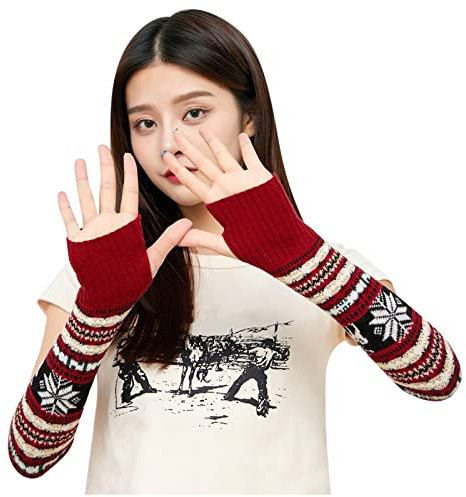 DUHGBNE Fawn Half Gloves Warm Wool Finger Knitted Snowflake Gloves Christmas Warm Gloves Latex Top, red, One Size
