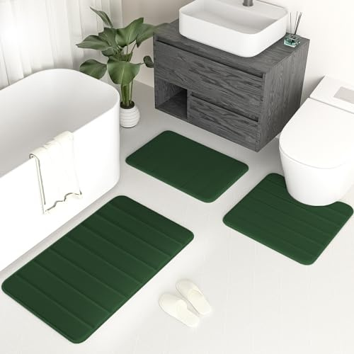 DTXDTech Badezimmerteppiche, 3-teilig, Memory-Schaum-Badteppich-Set, rutschfest, für Dusche, wasserabsorbierend, maschinenwaschbar, Badvorleger, WC-Vorleger für Badezimmer, Schlafzimmer, Dunkelgrün