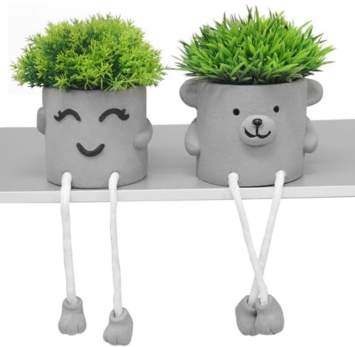 MAKHOT 2PCS Creative Artificial Succulent Plants with Pots, Fake Plant Faux Succulents Cute Hanging Leg Emotional Cement Potted, Mini Potted Succulents for Home/Office/Shelf Decor