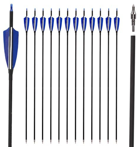 SHARROW 6/12Pcs Carbonpfeile 32 Zoll Carbon Pfeile für Bogenschießen Spine 500 Carbon Pfeile Carbon Jagdpfeile mit 4 Zoll Natürliche Federn Pfeile für Recurvebogen Compoundbogen (Blau, 12pcs)