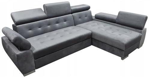 MEBLE-LUX - Ecksofa mit Schlaffunktion und Bettkasten OTTO 2 I Sofa L Form I Eckcouch mit Schlaffunktion I Federkern I Verstellbare Kopfstützen I Sofa Grau, Rechts