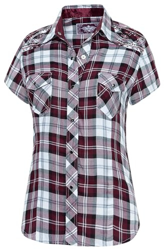 STARS & STRIPES Pasadena - Chemisier western court pour femme - Carreaux rouges et blancs - Broderie et bordure en satin