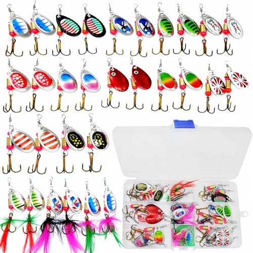 Duscdesp 31 Stück Angelköder Set, Spinner Blinker Wobbler Spoon Angelhaken mit Drillinge Haken Angelzubehör Angelset, Pailletten Kunstköder Angel Köder mit Box für Forelle, Barsch, Hecht, Zander