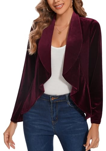 MINTLIMIT Womens Velvet Blazer Open Front Long Sleeve Suits Vintage Ladies Blazers Cardigans Casual Retro Ruffle Trim Unlined Going-Out Wear (Wine Red S)
