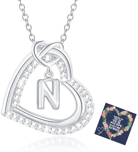 Esmoly Cadena de Plata Mujer 14k Oro Inicial Collar Personalizado Corazon Zirconia Colgante Navidad Regalos Originales Para Mujer Niña 18+2 Inches (Plata N)