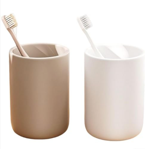 2 Stück Zahnputzbecher Kunststoff, Zahnbürstenhalter Ohne Bohren, Langlebig und Sturzsicher Zahnputzbecher Set, Einfacher Stil, Gefrosteter Oberfläche, für Zahnbürste und Zahnpasta (Weiß und Kaffee)