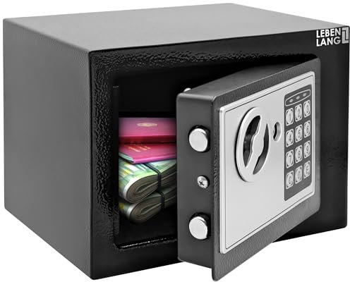 LEBENLANG 5L Caja fuerte pequeña para el hogar - Incl. bolsa ignifuga para documentos & llave de emergencia I caja fuertes empotrable mueble caja fuerte con cerradura de combinación Mini safe Cofre