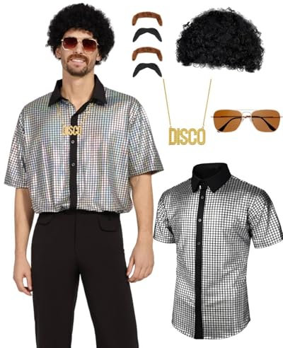 minkasic Déguisement Disco Homme Années 70 80, Chemise à Paillettes Rétro Costume Carnaval 70s 80s Tenue Disco pour Homme Déguisement Année 70 80 Costume Fête Disco (argent, L)