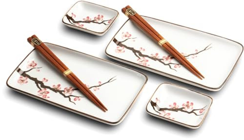 JAPAN Katze & Koi SUSHI TELLER SET | Sushi Geschirr Set | 6-teiliges Sushi-Set für 2 Personen | Sushi-Teller, Schalen und Essstäbchen in verschiedenen Asia-Tier Designs - Made in Japan (Sakura)