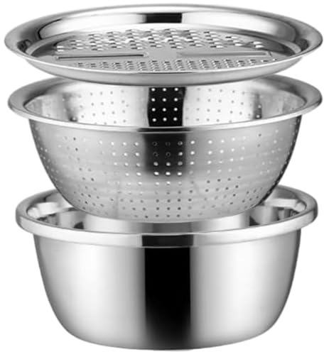 Fruit Washing Bowl with Strainer & Cutter, 10 Large Capacity Stainless Steel Colander Set, 3PCS Multifunctional Stackable Rice Strainer for Pasta, Fruit, Vegetable, Food