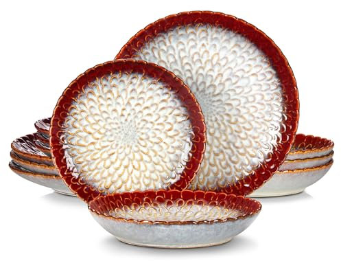 SQMGFA Juego de vajilla de cerámica de 12/24 Piezas, vajilla de gres Texturizada, Juego Combinado para 6/12 Personas, Platos y Cuencos de cerámica (Verde, 24 Piezas) (Rojo, 12 Piezas)