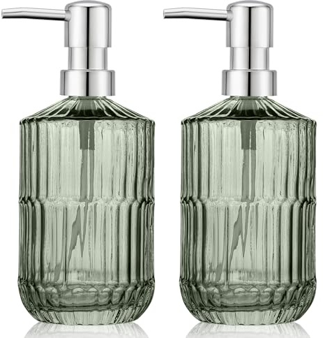Segus Glass Soap Dispenser, 2 Pieces 450ml Green Soap Dispenser, Refillable Pump Bottle, Empty and Leakproof, Bathroom Accessories (With Silvery Pump Head)