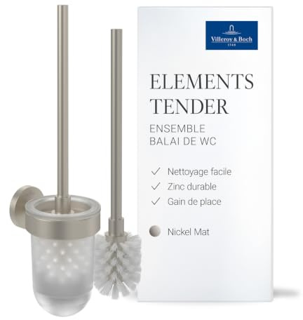 Villeroy & Boch Elements Tender, Juego de escobilla de baño, Soporte para Montaje en Pared con Recipiente de Vidrio Satinado, Redondo – Níquel Cepillado Mate