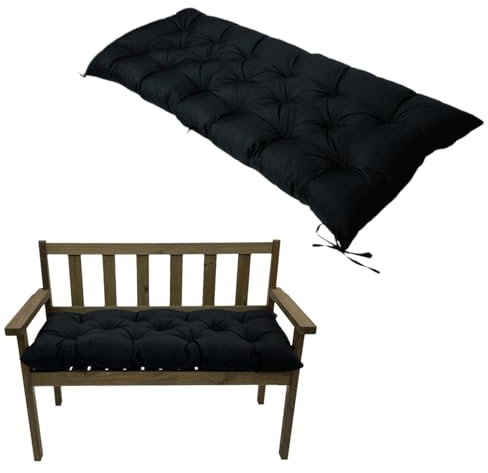 Gartenbankkissen für 2 Sitzer 120 x 50 cm wasserdichtes Ersatzpolster mit rutschfesten Riemen 8 cm Dicke Sitzkissen für Essbänke im Innenbereich (Schwarz 120 x 50 x 8 cm)