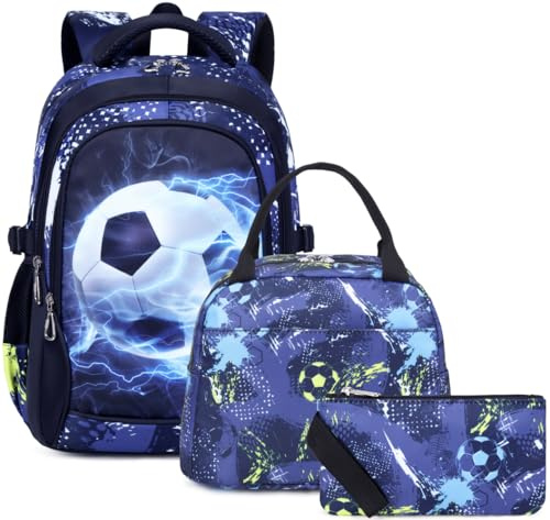 SOMBLG Mochila Chico Escolar Conjunto Niños de Libros Elemental Medio Adolescente Gran Impermeable Bolso de Almuerzo 18 Pulgadas 3 Pcs Boys Bolso (2-Negro Fútbol Set)