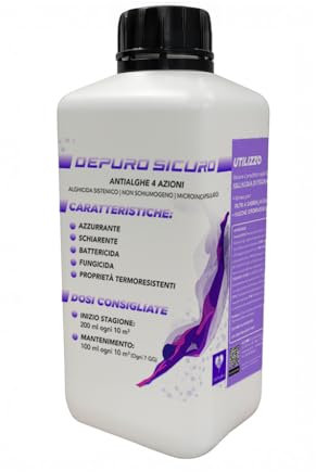 Naturii Alghicida 4 Azioni, Azzurrante, Schiarente, Battericida e Fungicida Non Schiumogeno per Piscina, Made in Italy, 1Lt (1)