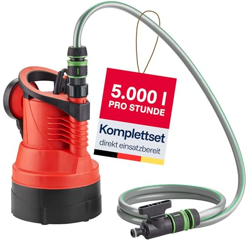 T.I.P. Regntunna-dyktryckpump DIO 85/10 flex – Effektiv trädgårdspump 350 W, 5 000 l/h, integrerat filtergaller, inklusive slang, avstängningsventil och snabbkoppling