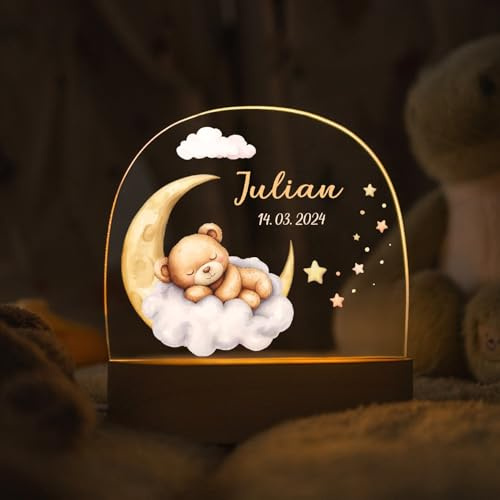 GRAVURZEILE Personalisiertes LED Nachtlicht für Kinder - Schlafende Tiere Bär - Personalisiert mit Name - Baby Lampe - Geschenk zur Geburt, Taufe & Geburtstag für Jungen & Mädchen