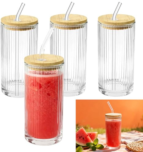 Huucozn 4 Pz Bicchieri da Cocktail in Vetro 360 ml Bicchieri da Long Drink Bicchieri Acqua Vetro con Coperchi, Cannucce Vetr o e Spazzola per Cannucce per Birra Cocktail Caffè Freddo Succo Acqua