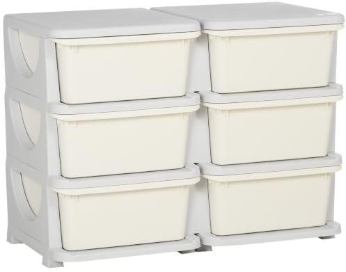 HOMCOM Torre de Almacenamiento Infantil con 6 Cajones 75x37x56,5 cm Crema | Organizador de Juguetes, para Niños de +3 Años, con Bordes Redondeados y Asas, para Guardería, Sala de Juegos, Dormitorio