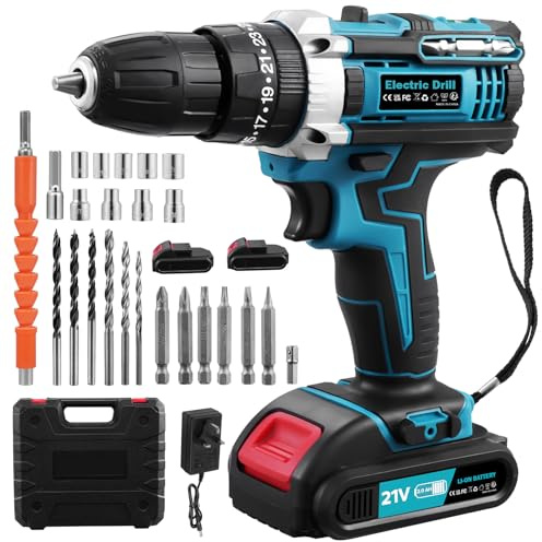 Cordless Drill, 21V Electric Combi Drill Set with Accessories, 2.0Ah Rechargeable Battery Hand Drills, 50Nm,Electric Screwdriver 25+3 Torque 2 Speed, Power Tools for DIY & Home Projects