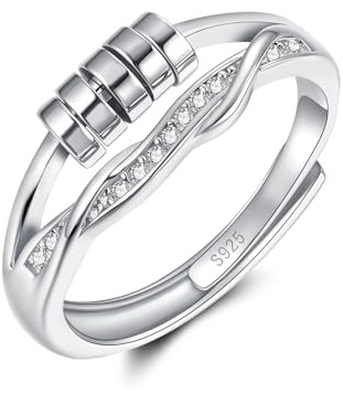 Zecimi Anxiety Rings, 925 Sterling Silver Fidget Fidget Ring with Beads | Open Heart / Star / Twist Fidget Ring for Anxiety Women, Adjustable Thumb Rings with Zirconia, Stress Relief Gifts for Girls