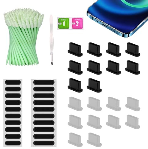 JiaTeums Anti-damm-kit för smartphone, 20 stycken USB typ C laddningskontakt portskydd, 20 stycken högtalarlimskydd, 100 stycken tips Swabs rengöringspinnar, 1 pincett och 2 rengöringsdukar