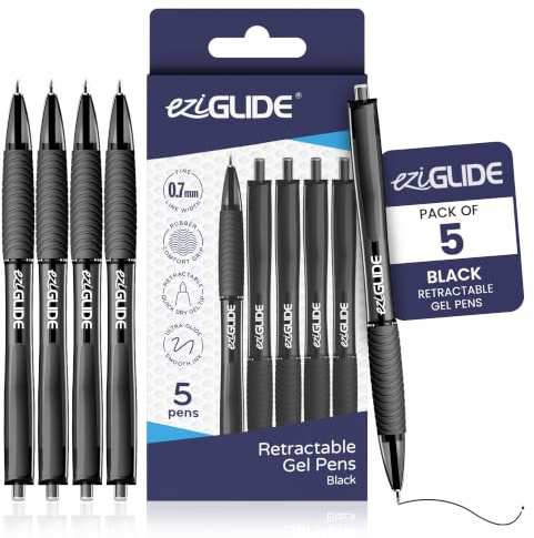 Eziglide Black Retractable Gel Pens, Pack of 5 – Smooth Tip Writing Pens