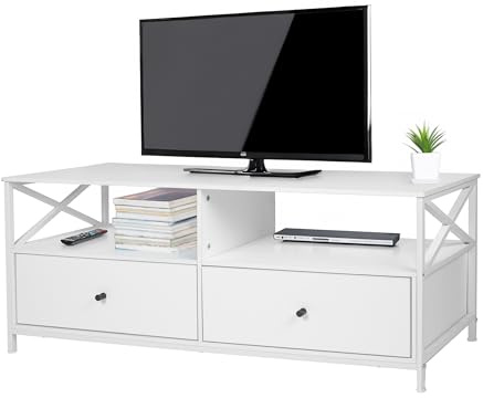 Relaxdays TV-bänk, 2 fack och 2 lådor, TV-skåp upp till 55 tum, HBT: 50 x 120 x 40 cm, TV-bord, vitt
