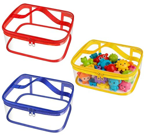 3 Pcs Clear PVC Toy Storage Bags, Waterproof Toy Organiser Bags with Double Zipper, Reusable Storage Organizer Travel Bag with Handle for Building Blocks Puzzle Balls Board Games