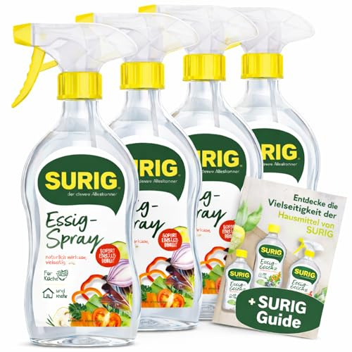 SURIG Essigspray 500 ml im 4er Set + Mini Guide - gebrauchsfertige Essigsäure 8% in Sprühflasche - zum Würzen, Säuern, Reinigen und Entkalken in Küche und Haushalt