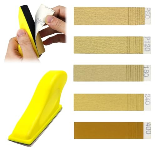 WOUYTPE 50 Piezas Juego de Papel de Lija Húmedo y Seco, Papel de Lija para Madera, Papel de Lija con Bloque de Mano Granos 80/120/180/240/400 para Pulir Coches Metal Madera Muebles, 30 x 93mm