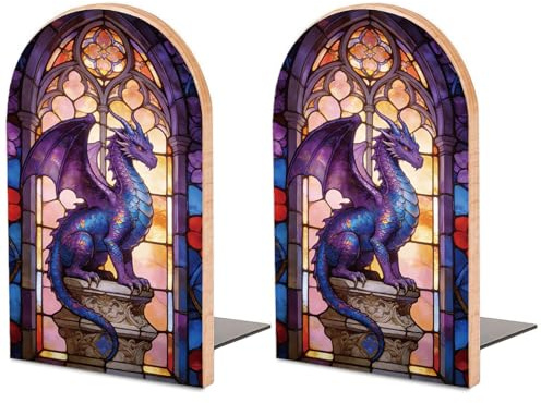 Peacoblue Dragon and Castle Wooden Bookends, Book Ends for Shelves | 1 Pair 5x3.15 Decorative Wood Book Supports, Cute Shelf Stoppers for Heavy Books, Office Desk, Study Room & Home Decor