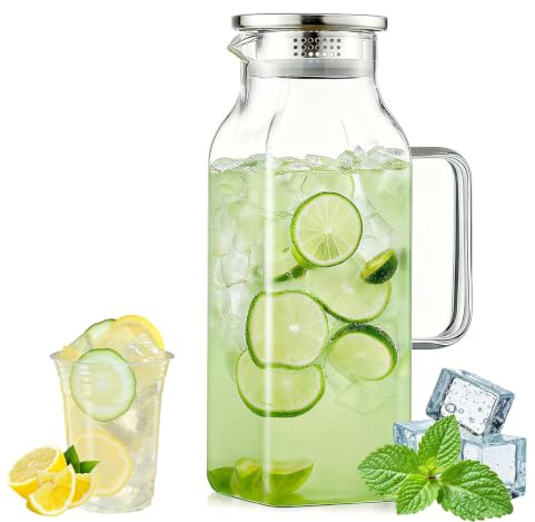 Umllpet Glaskaraff 2 liter med lock av rostfritt stål, fyrkantig vattenkanna med handtag, kylskåpssäker för kalla och varma drycker (lattes design)