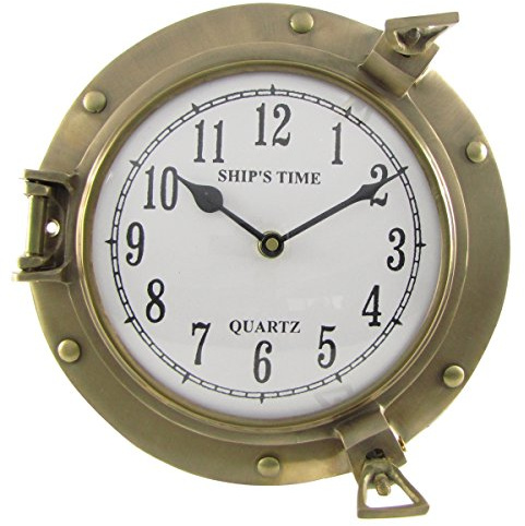 Nagina International Nautical Porthole Clock Solid Antique Brass Ships 9 Inch Maritime Clocks