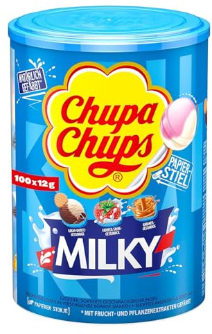 Chupa Chups - Tubo de 100 Sucettes - Parfums Choco/Vanille, Lait/Fraise, Caramel - 0 Pour cent de Matières Grasses - Idéal pour Fêtes d'Anniversaires - Boite Milky de 1,2 Kg