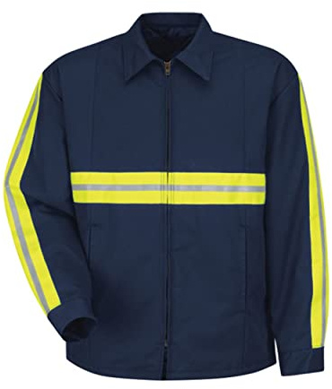 Red Kap Men's Enhanced Visibility Perma-Lined Panel Jacket, Navy with Yellow/Green Visibility Trim, Large
