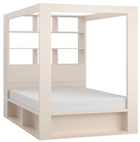 QMM Himmelbett Calgary 160x200 sandbeige Doppelbett Ehebett mit Regalen, aufklappbarem Lattenrost und Bettkasten, Schlafzimmer modernes Design