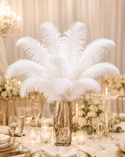 Crenze 10Pcs Straußenfedern 12-14Inch (30-35cm) Für Haus Hochzeitsdekoration bietet (Weiß) | Große natürliche Federn als Dekoration für Vasen, Haus Hochzeitsdekoration, Hochzeiten, Partys und Weihnachtsbäume