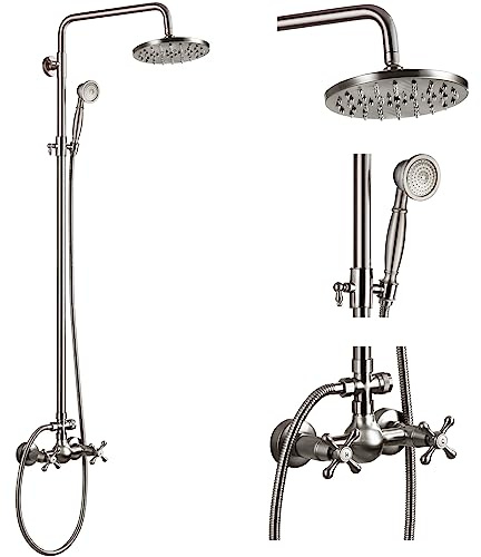 Shower Faucet Sets 8 Inch Rain Shower Head 2 Cross Knobs Mixer Shower System with Handheld Shower Spray Brushed Nickel Finish Silver