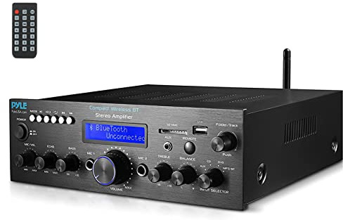 Pyle Compact Stereo Amplifier with Bluetooth - 200 Watt Peak - Desktop Power Amp Receiver - Simple Karaoke Mic Input with Echo - FM Radio, USB-A/SD Reader MP3 Player, LCD Display - PDA612BU.5