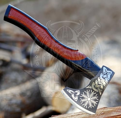 SHINY CRAFTS® Handcrafted Viking Axe – Nordic Engraved Blade with Wooden Handle Unique Gift for Men, Collectors, and Fantasy Enthusiasts (SCA-01)