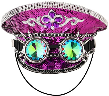 Unisex Pailletten Militär Kapitän Hüte mit Brille Steampunk Zylinder Hut Festival Halloween Cosplay Kostüm Kappen (lila)